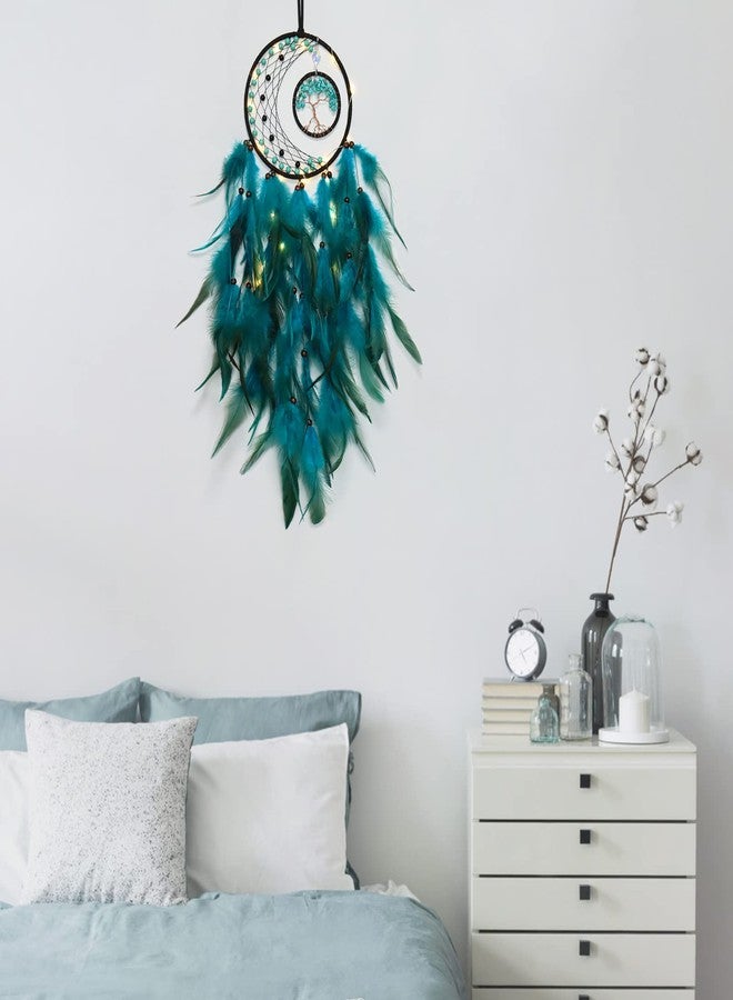 KHOYIME LED Dream Catcher Light Up Tree of Life Dreamcatcher with Healing Crystal Stone Handmade Feather Wall Hanging for Bedroom Bohemian Home Decor Wedding Ornament Craft Gift (Blue&Green) - Image 4